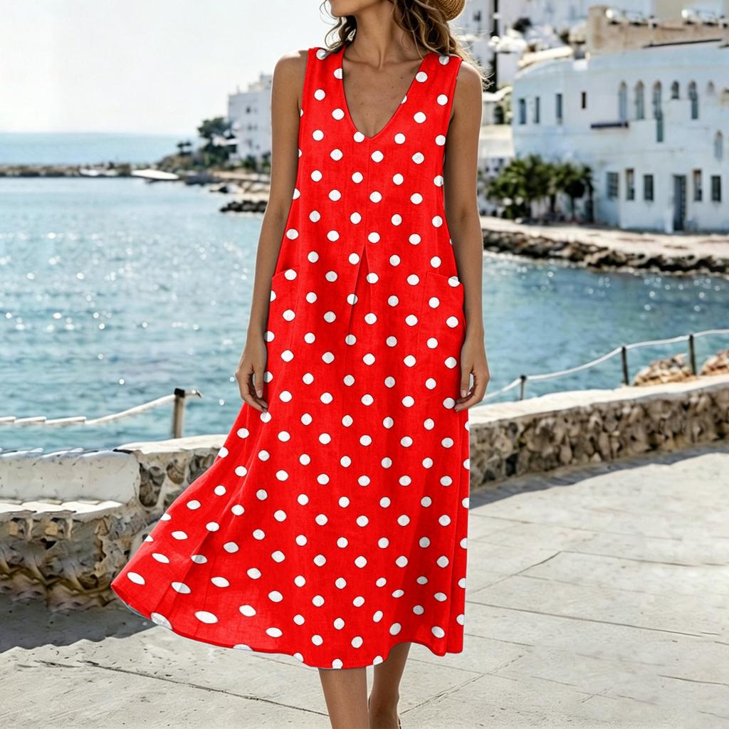 Women's U-Neck Sleeveless Pocket Midi Dress Polka Dot Print Split Hem Linen