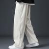 Men Fall Winter Pants Drawstring Elastic Waist Straight Wide Leg Loose Thick Plush Pockets Soft Men Casual Sports Trousers Long Sweatpants
