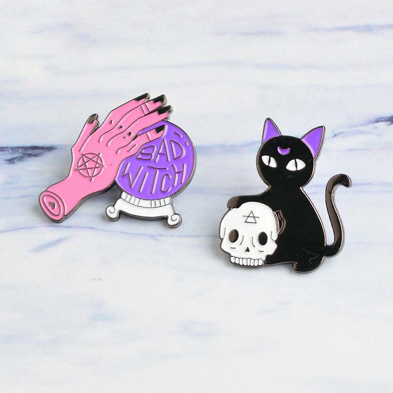 Premium Quality Enamel Brooch Featuring Witch Tools Skull Cat For Halloween