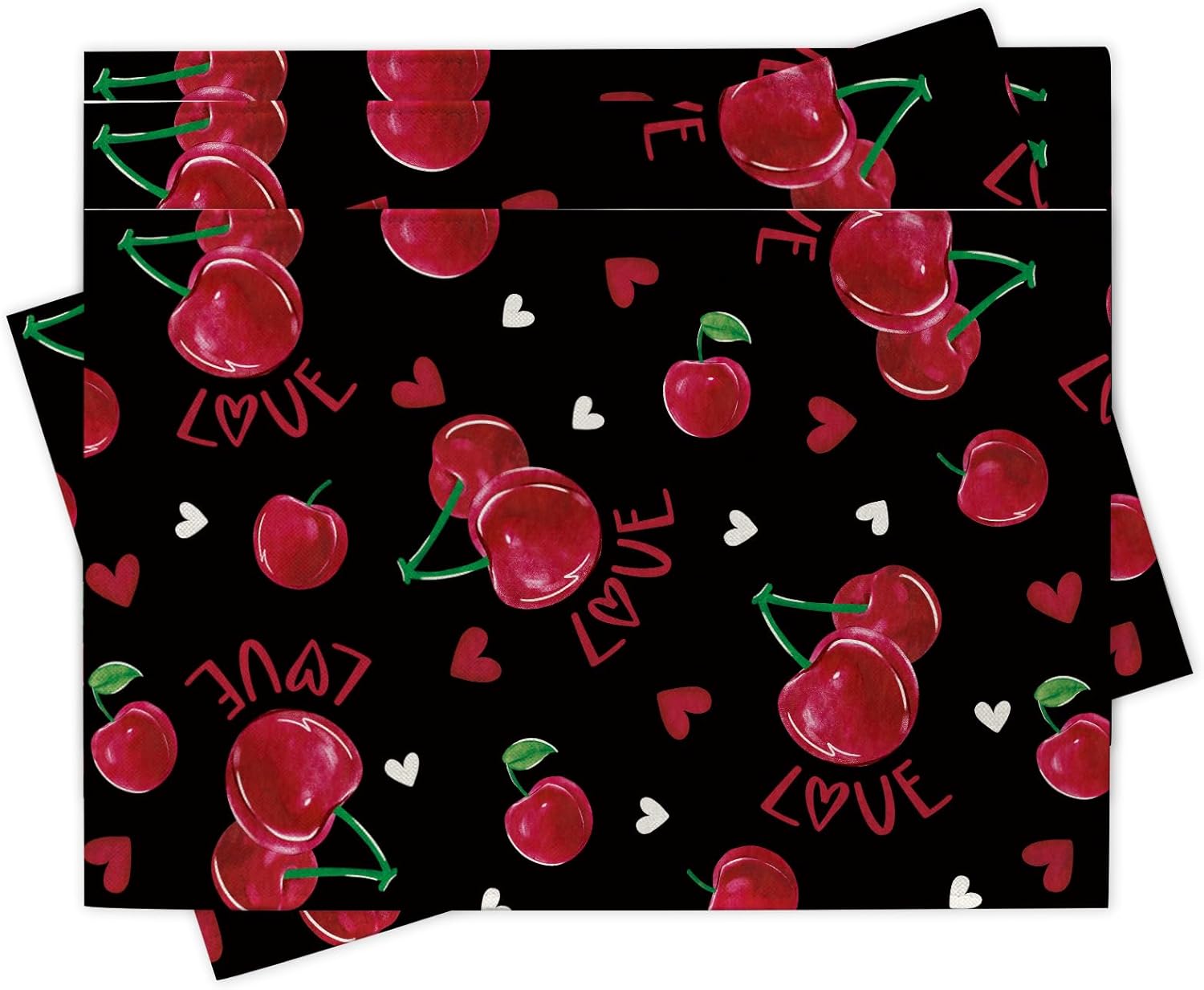 

Valentines Day Cherry Black Placemats Set of 4, Love Hearts Dining Place Mats Table Decor, Anniversary Wedding Home Kitchen Decoration 12 x 18 Inch 4Pcs