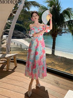 MODIQUE Summer Women Elegant Floral Print Casual Beach Chiffon Girly Halter Long Dresses Lady Fairycore Atmosphere Dresses