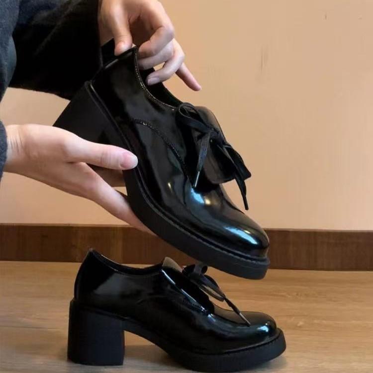 Cowhide version~ Ballet style bow high heel small leather shoes thick heel single shoes women's platform loafers British style women's shoes