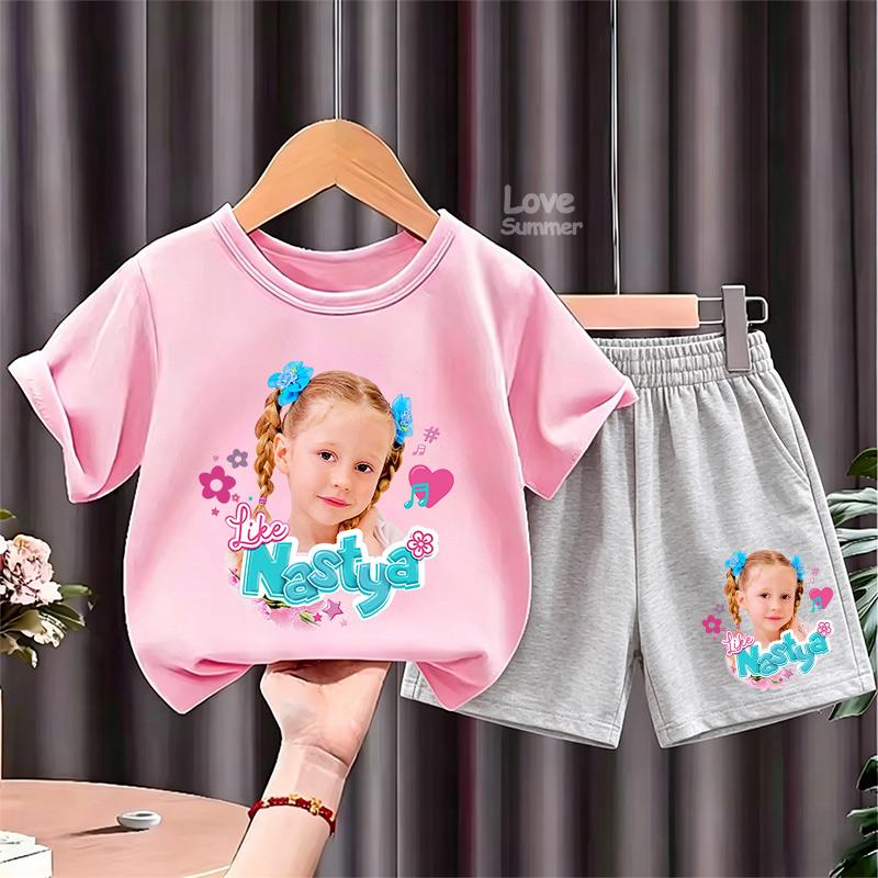 Schönes Like Nastya T-Shirt für Kinder, Sommer-Kurzarm-T-Shirt und Shorts, 2-teiliges Set, Kleinkind-Mädchen-Outfits, Kinder Freizeit-Sportanzug