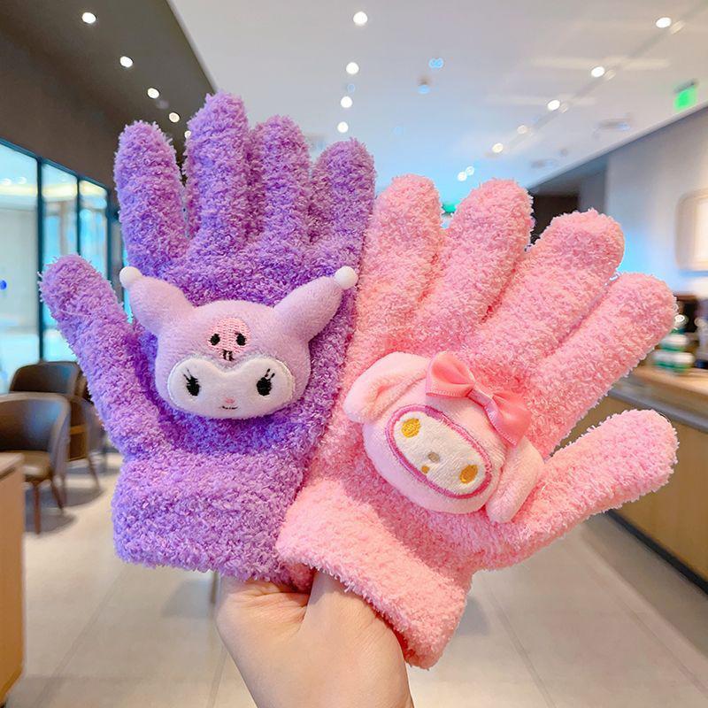 1Pair Kawaii Cute Kuromi Melody Cinnamoroll Kt Cat Gloves Cartoon Five Finger Gloves Autumn Winter Warm Student Gloves