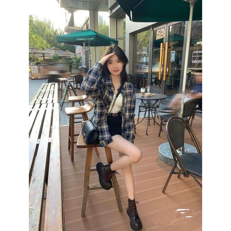 Plaid Shirt Women's Long Sleeve Top Spring and Autumn Korean Loose Retro Lazy Cardigan Shirt Jacket