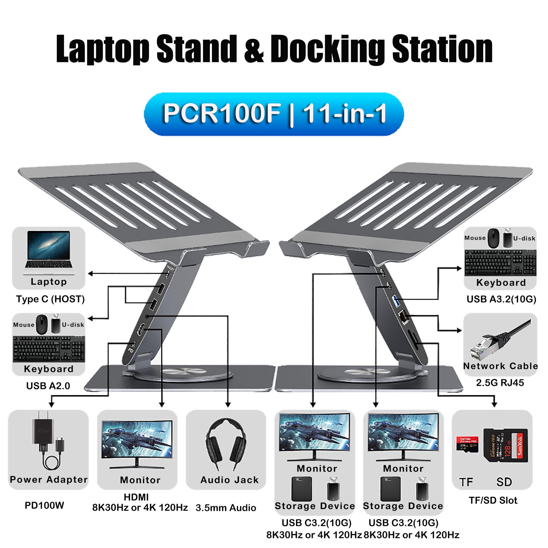 

360° Rotatable & Foldable Laptop Cooling Stand with Height Adjustment and Type C 8K Docking Station