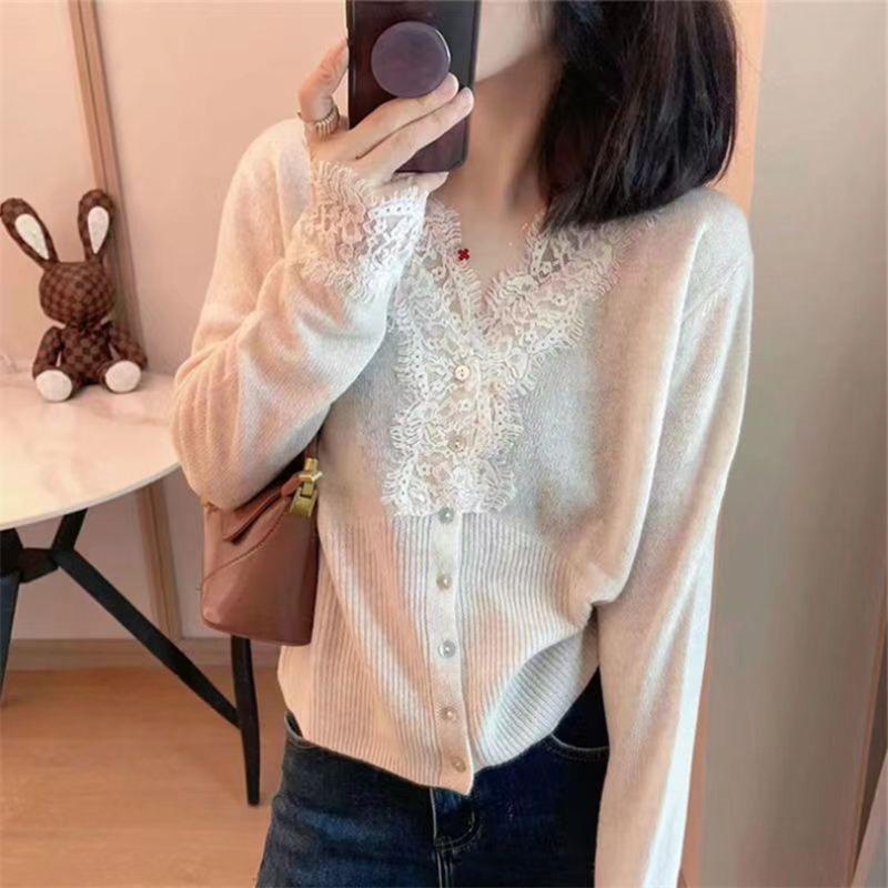 

Винтажный кардиган с V-образным вырезом, кружевной вставкой и длинными рукавами, женский шикарный базовый свитер, модный One size белый