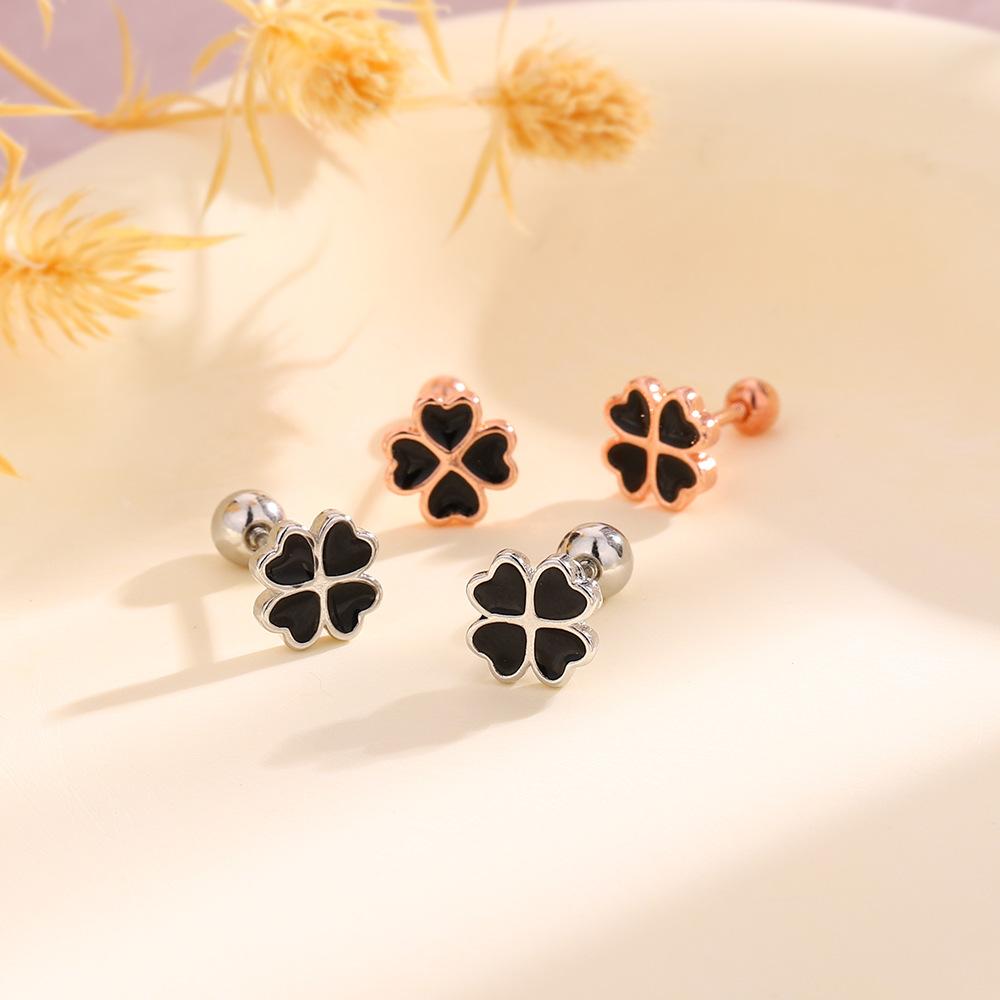 Black Love Clover Earrings Screw Earrings Women'S Small Delicate Epoxy Lucky Grass Earbone Nails