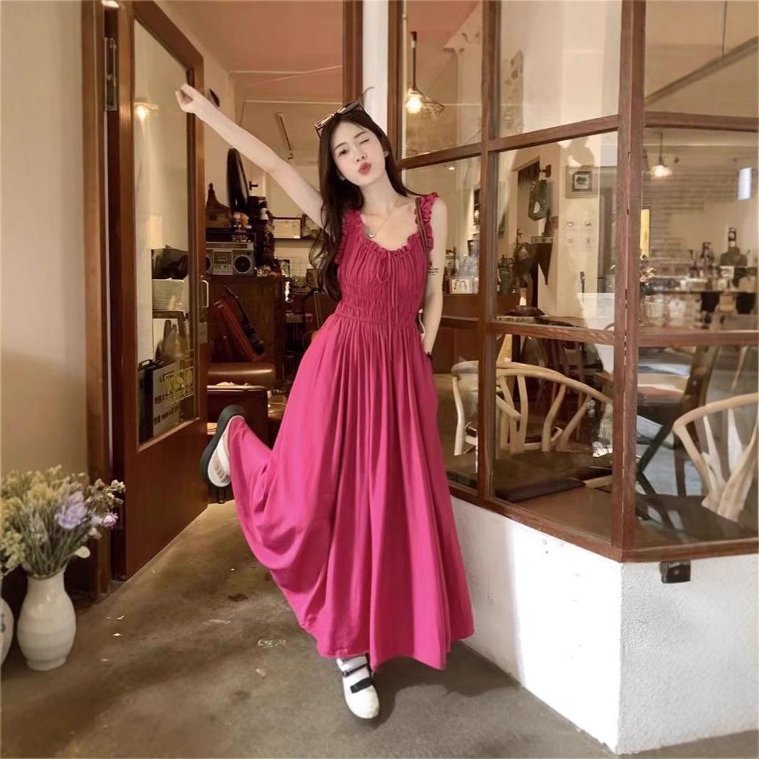 

Летнее платье 2024 года французского розового цвета на тонких бретелях, без рукавов - Повседневное, Свободное, Приталенное M