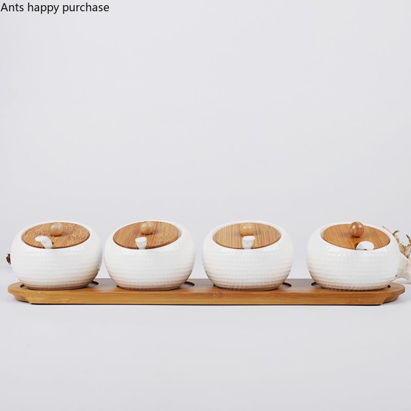 Ceramics Spice Jar Wooden Cover Seasoning Jar Set Combination Seasoning Box Home Kitchen Supplies Salt Shaker Spice Container