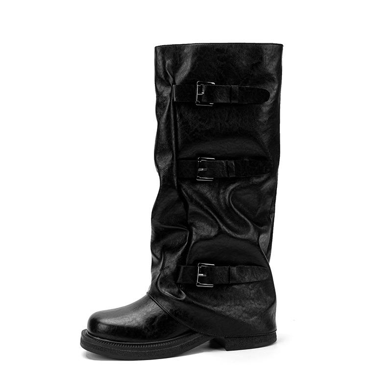 Grape Mom's same thick-soled trouser boots for women's autumn niche design belt buckle western boots pleated medium tube stacking boots