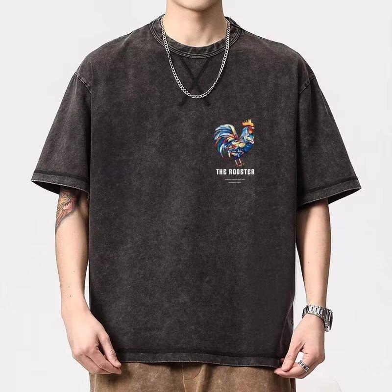 Men's High Street Casual Hip Hop Rock T-shirts Vintage Washed Distressed Short Sleeve T-shirts Base Shirt