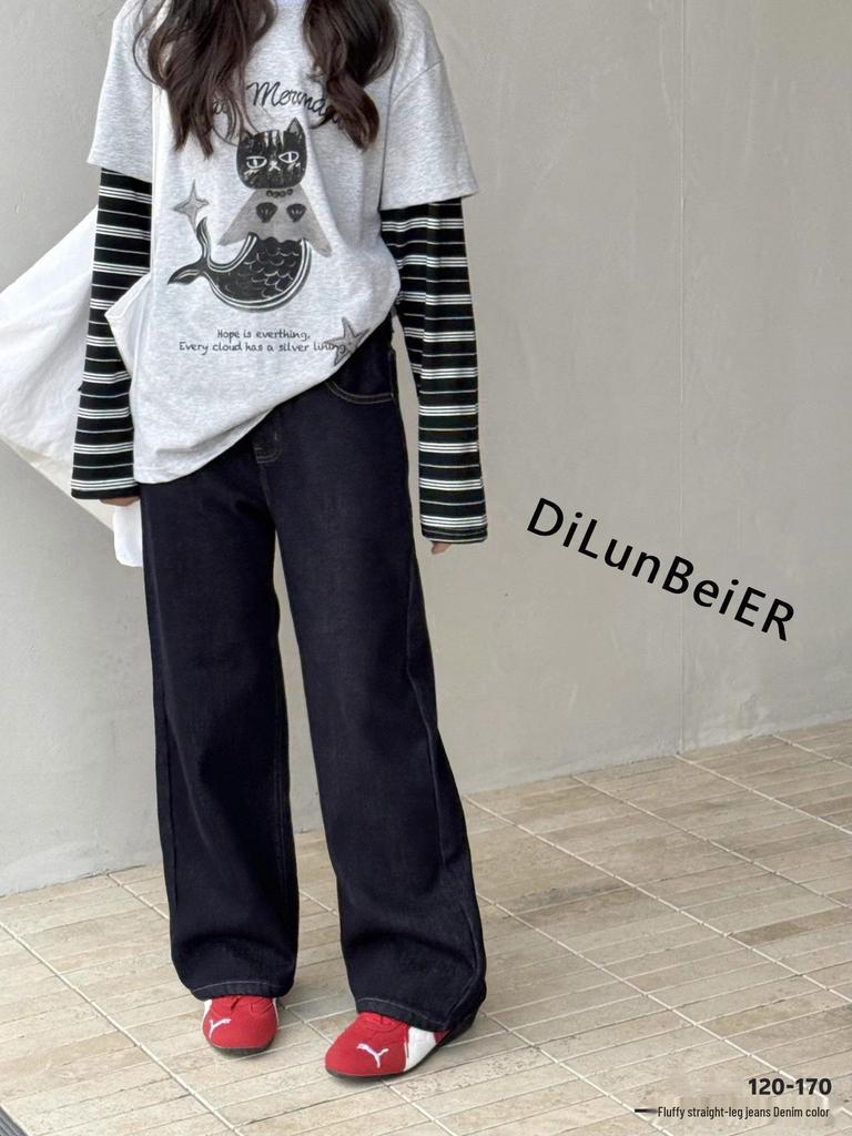 Unisex Wide-Leg Velvet Jeans with Cherry Embroidery for Girls - Loose Fit, Solid Color, Ideal for Middle and Older Children