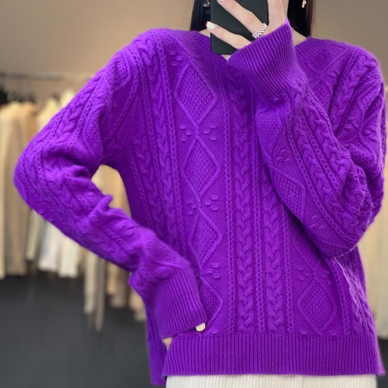 Women's Round Neck Knit Sweater - Cozy Autumn/Winter Pullover Wool Base Layer Top