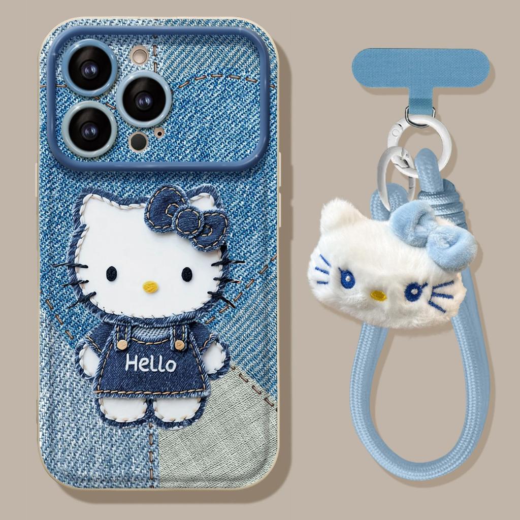 Denim Kt Cat Lanyard Suitable for Apple 15promax Mobile Phone Case Iphone16 Cute Cartoon 17 Series Plush