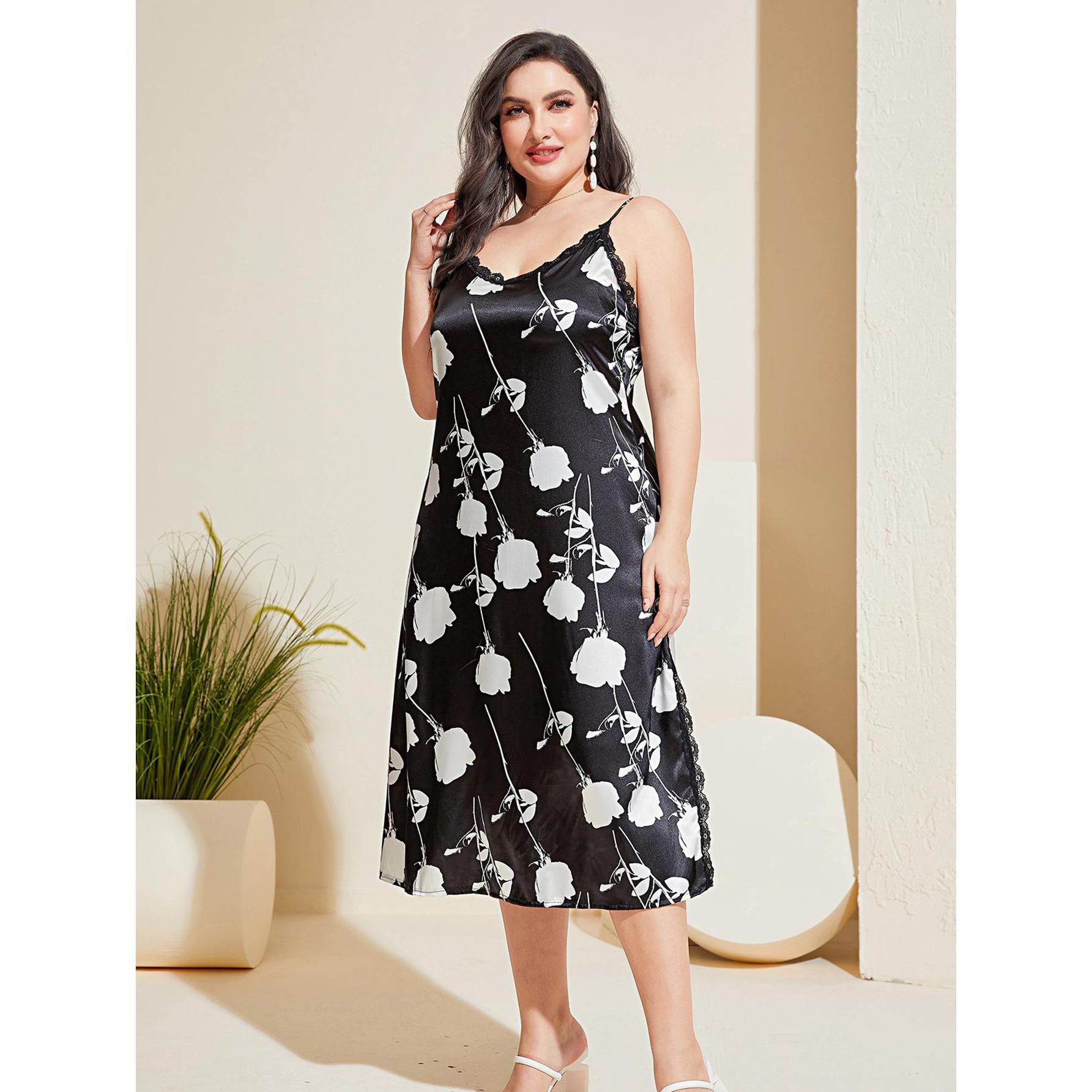 

Плюс размер ночная рубашка с лямкой на шее, женская летняя ночная рубашка из ледяного шелка, сексуальная длинная домашняя одежда 4XL чёрный