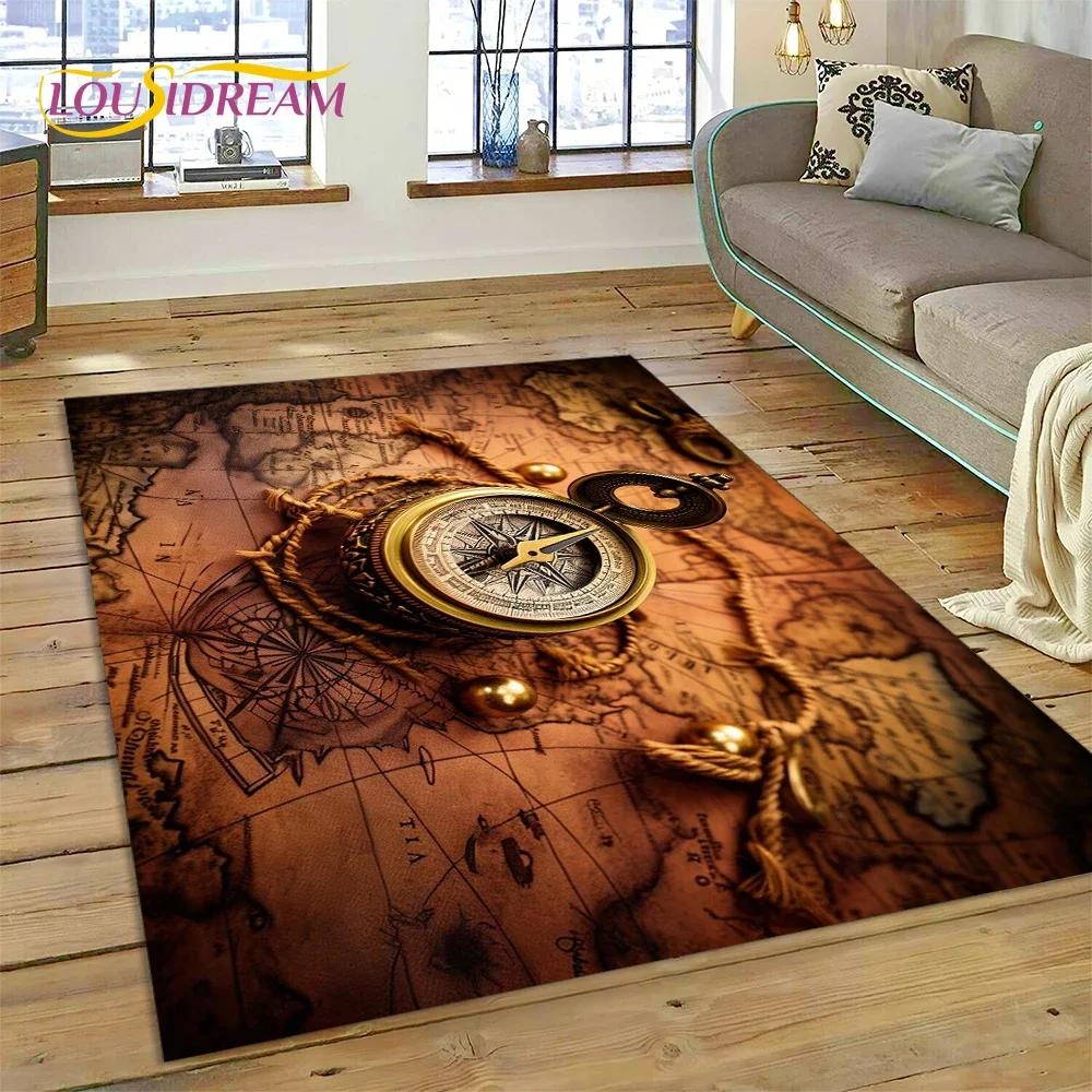 3D Oude Zeekaart Wereldkaart Kompas Tapijt Tapijt voor Slaapkamer Woonkamer Bank Decoratie, Kinderspel Grote Decoratieve Vloermat