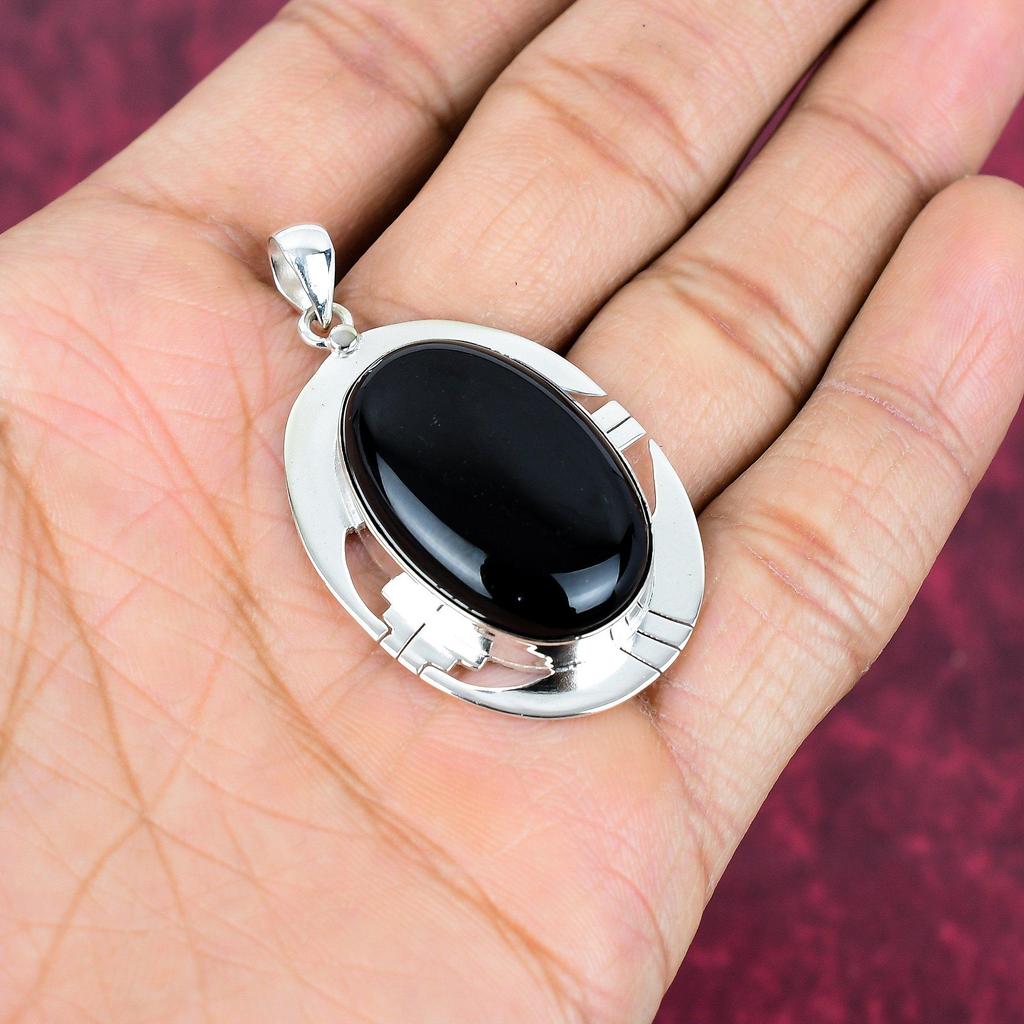 Black Onyx 925 Solid Sterling Silver Pendant, Handmade Gemstone Pendant , Gift For Mom Antique Jewelry