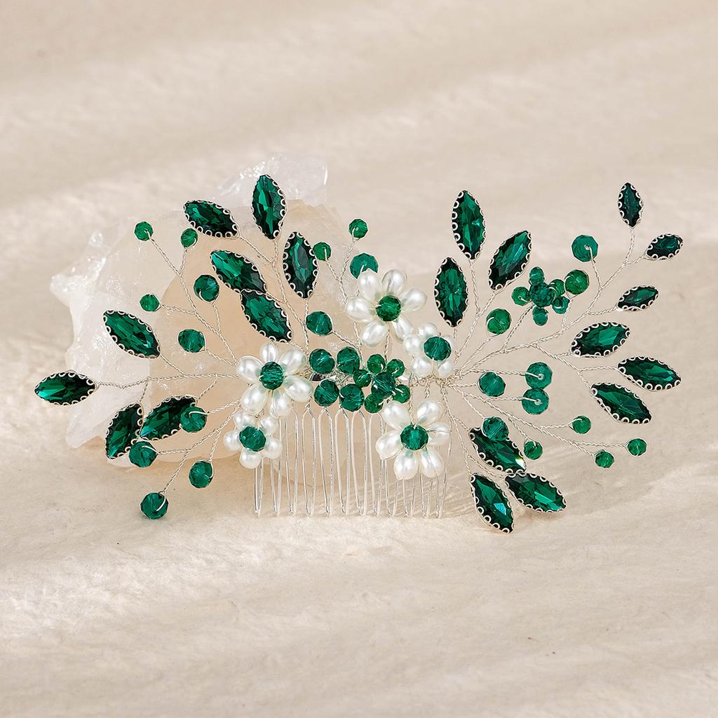 Retro Alloy Rhinestone Plug Comb Handmade Leaf Green Crystal Headdress Antique Hanfu Jewelry Bridal Hair Comb