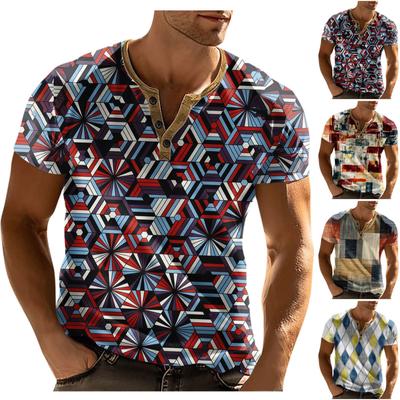 Camiseta masculina estampada ao ar livre retrô botão solto manga curta top