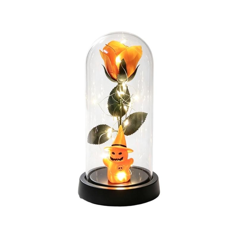Halloween Rose Accent Light, Cloche Glass Cover with Warm String Lights for Window Ledges and Entry Tables at 