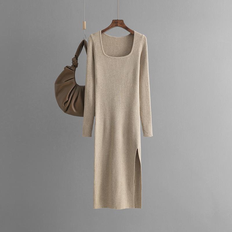 Fall Winter Lazy Wind Loose Square Collar Sweater Dress Women's Long Sleeve Solid Color Knit Wide Split Dresses
