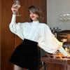 White Casual Loose Puff Sleeve Stand Collar Vintage Commuter Shirt