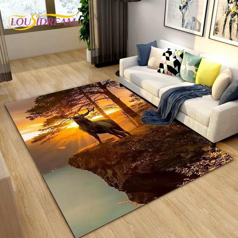 3D Cartoon Nordic Elk Reindeer Area Rug,Carpet Rug for Living Room Bedroom Sofa Doormat Decoration,Child Play Non-slip Floor Mat