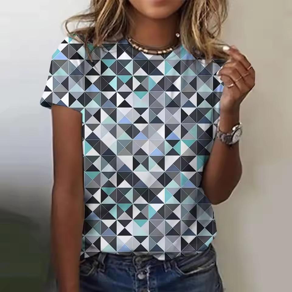 Summer Round Neck Geometric Pattern 3D Print Top Fashionable Casual Colorful Short Sleeved Women's T-shirts