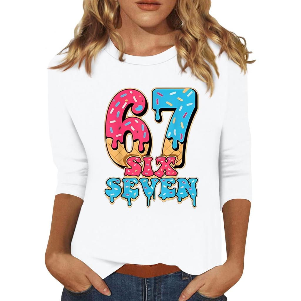 Women's Fashionable Casual Three-Quarter Sleeve Printed Neck T-Shirt Top