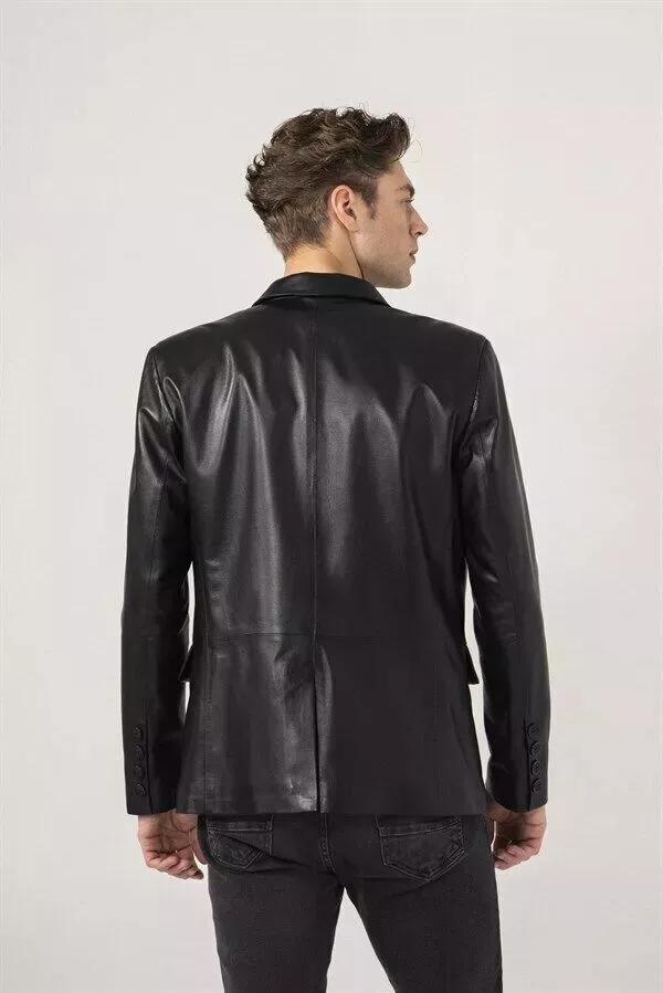 Business Formal Lambskin Hot Handmade Genuine Leather Stylish Black Men Blazer