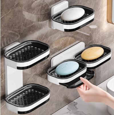 Wall Mounted Soap Dish with Double Drainage Tray No Drill Bathroom Organizer ABS Shower Shelf & Suction Cup Holder