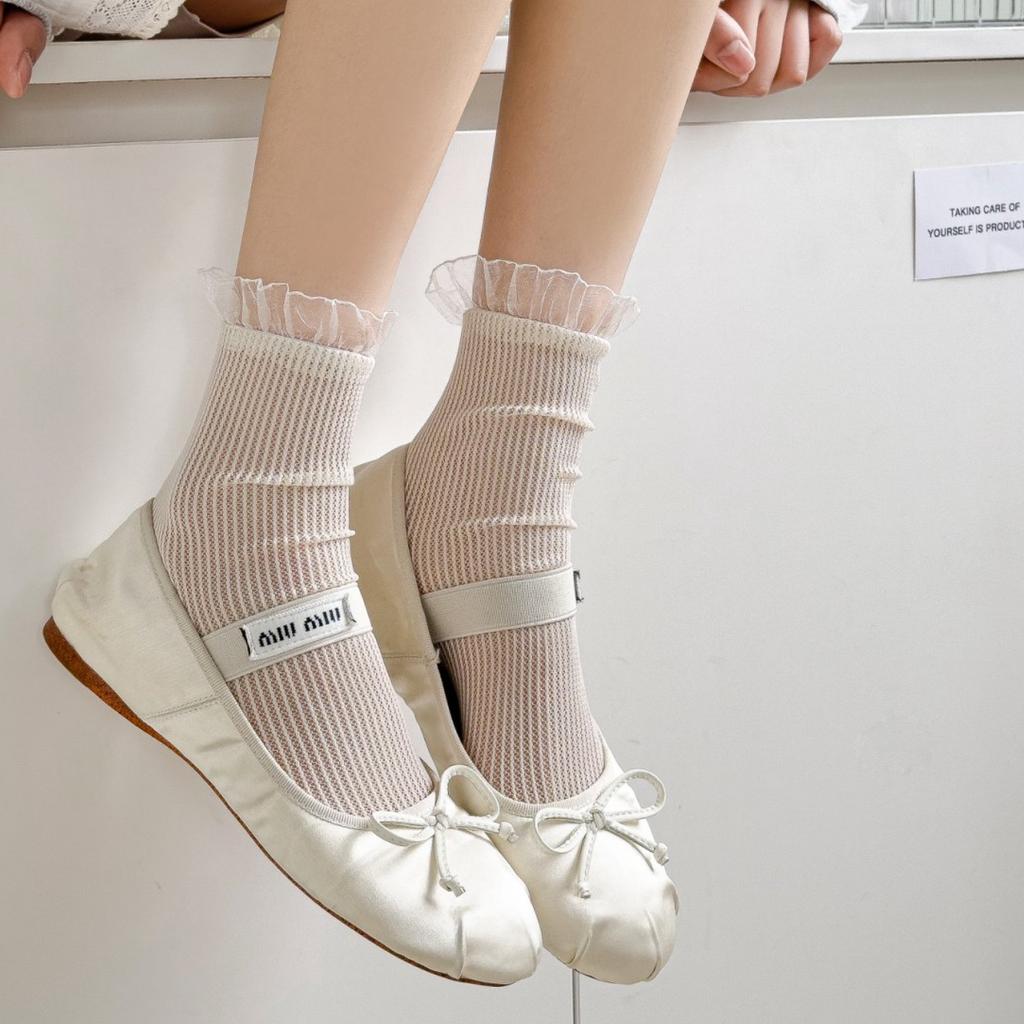 Lolita Women'S Socks Spring And Summer Thin Mesh Socks Japanese Jk Black And White Medium Tube Lace Stockings Sweet Love Lace Socks