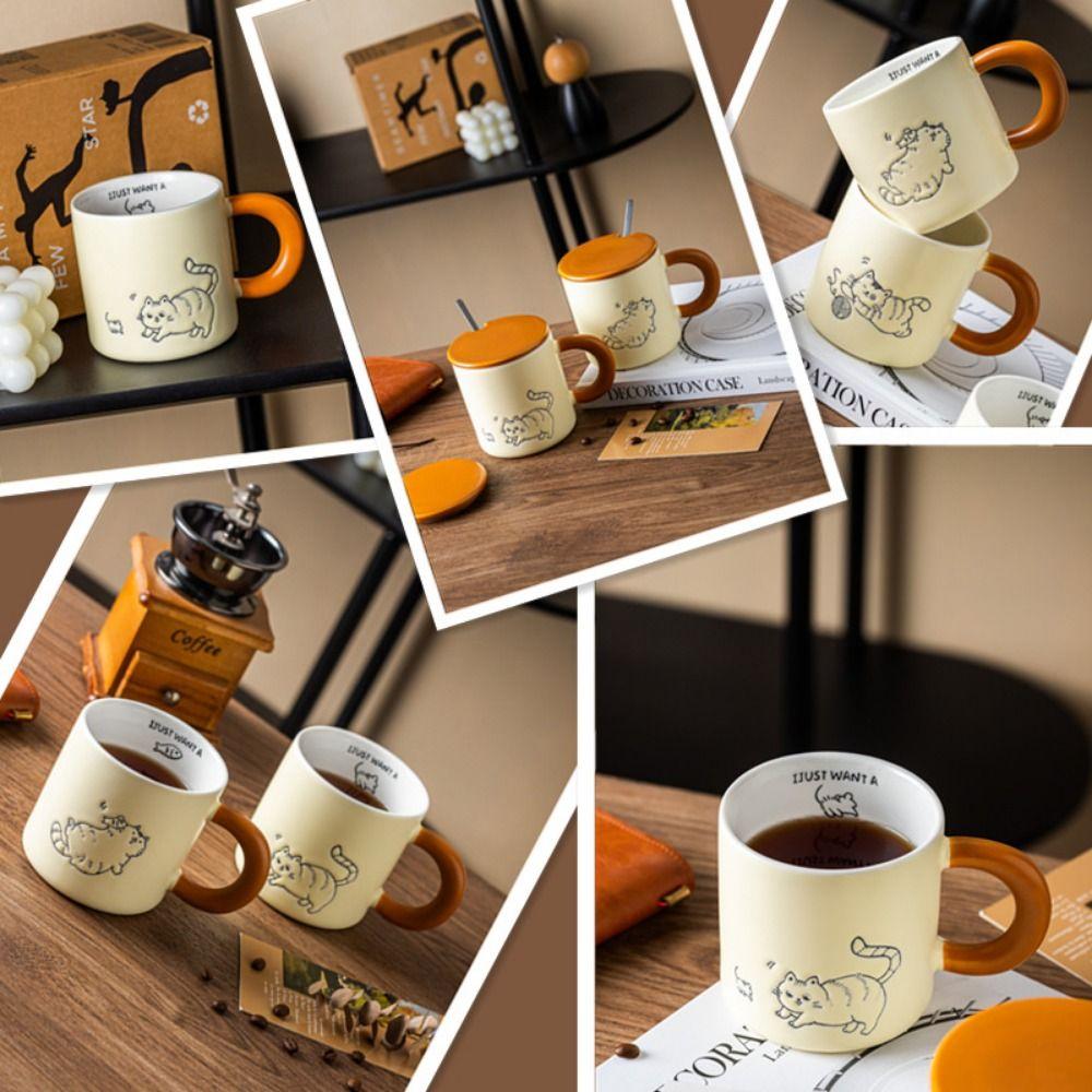Cute Cat Pattern Ceramic Coffee Cup Hand Drawn Water Cup with Lid  Kitchen Drinkware