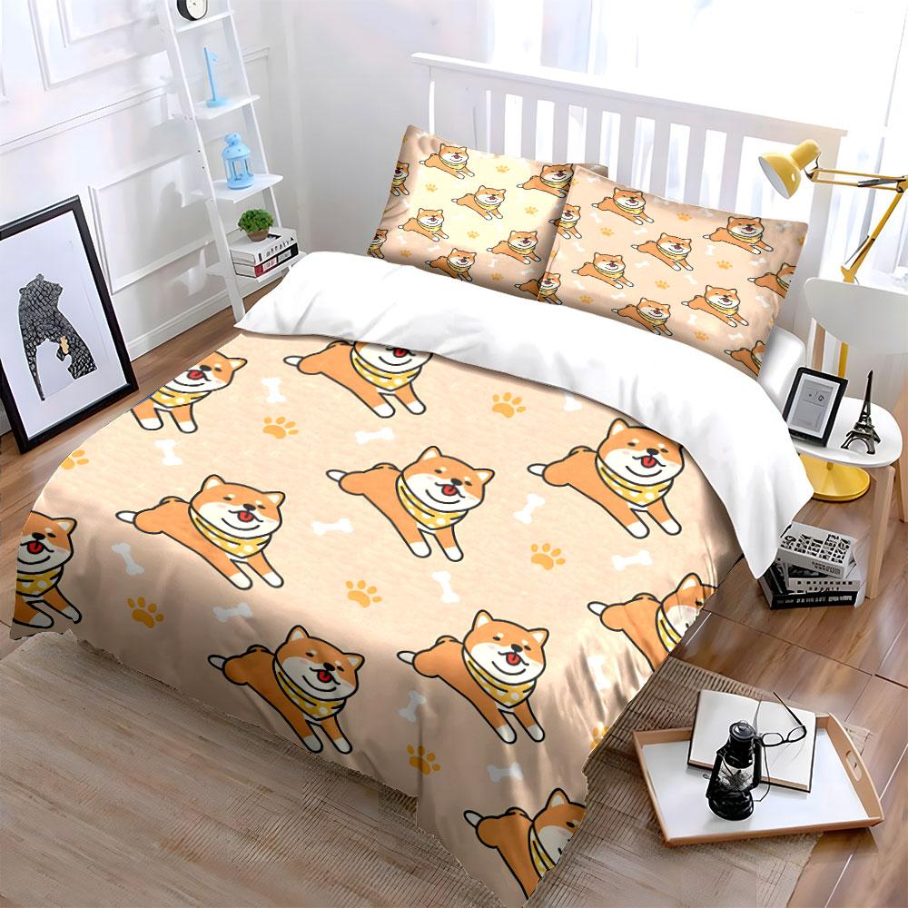 3Pcs Cute Shiba Inu Bedding Set, Kawaii Shiba Puppies Pattern Print Duvet Cover + 2 Pillowcases, Dog Lover Decor