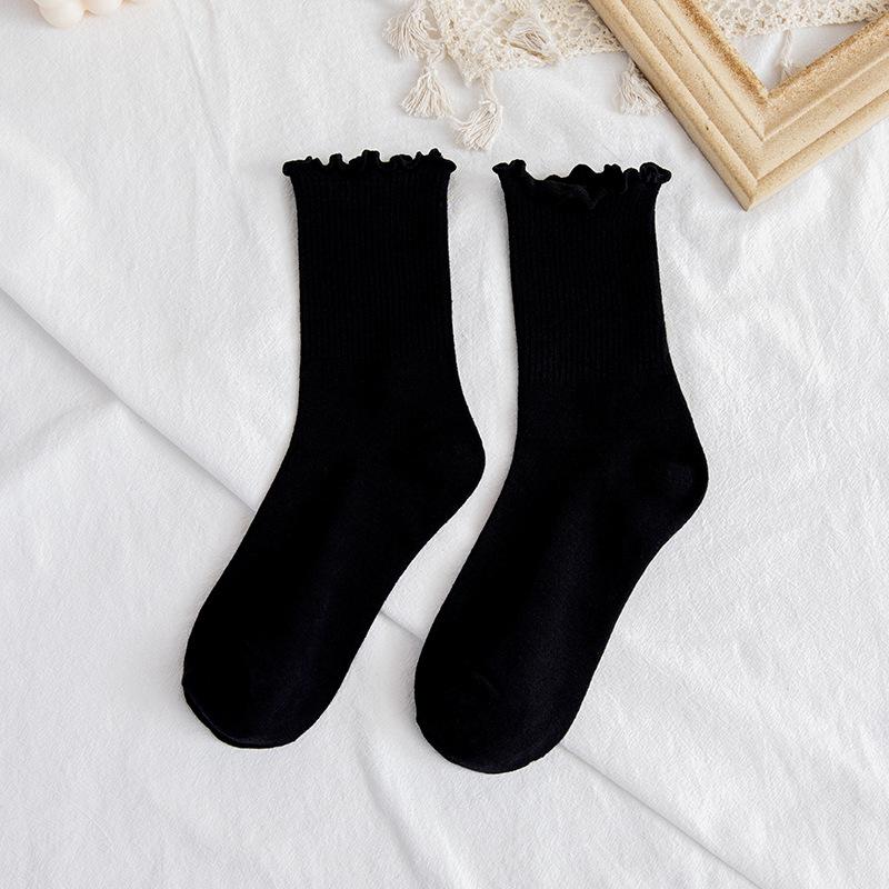 

Women s New Spring and Autumn Ear Edge Solid Color Anti Friction Sweat Absorbent Cotton Socks 1 pair чорний