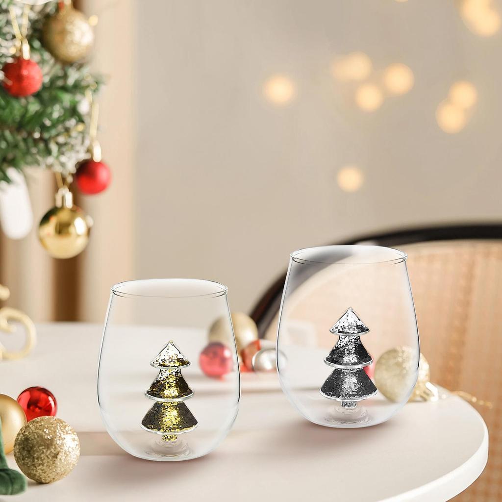Christmas Tree Glass Cup Anti-Tip Table Centerpieces Holiday Tree Wine Glasses Drinking Cups for Living Room Bedroom Office Desk
