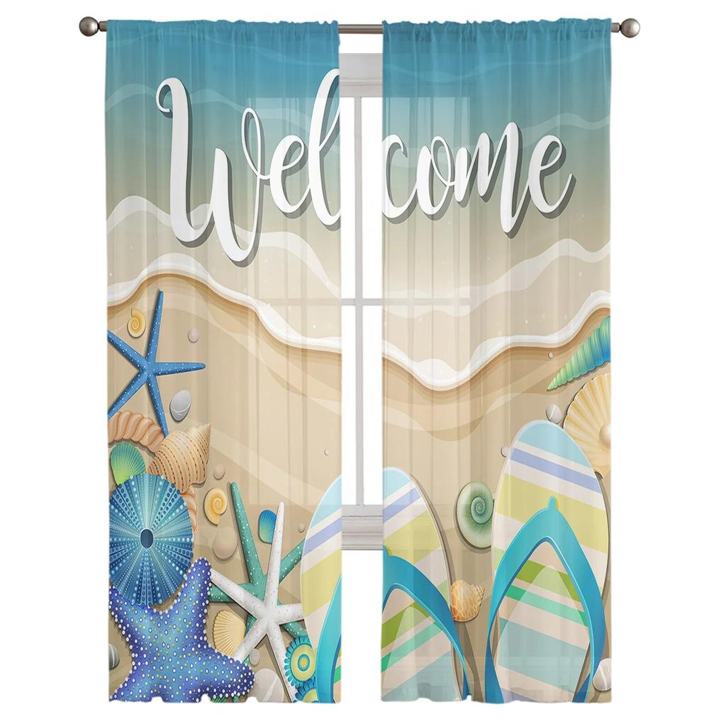 Sommer Strand Seestern Muscheln Wellen Fenster Vorhänge Sheer Chiffon Tüll Vorhang Hause Wohnzimmer Hintergrund Dekoration