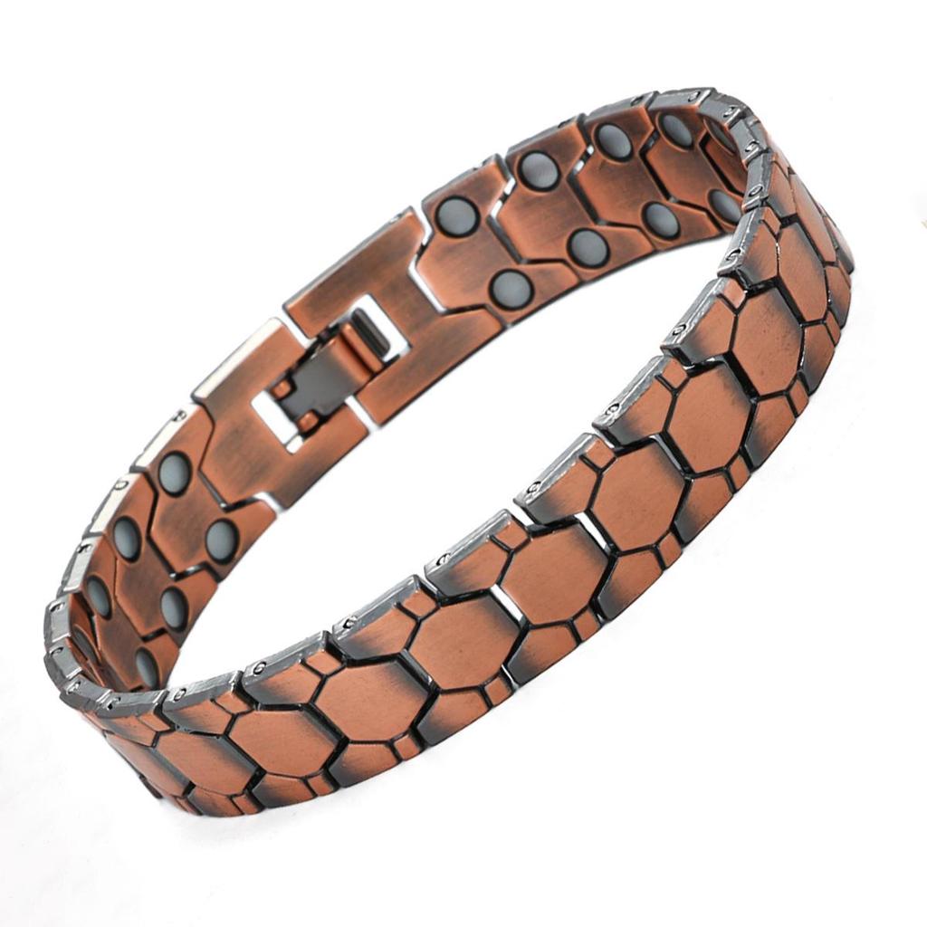 Bracciale Magnetico Rame Antico Rosso Retrò da Uomo - Design Regolabile a Riga Larga per Coppie