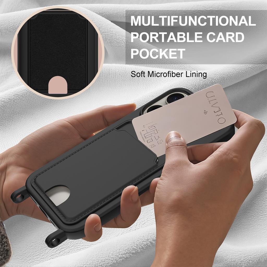 For iPhone 14 Pro Max Liquid Silicone Case Phone Back Cover with Card Holder and Short Strap