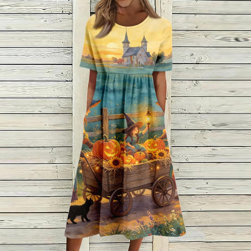 Women's Casual Round Neck Dress with Halloween Print and Pockets