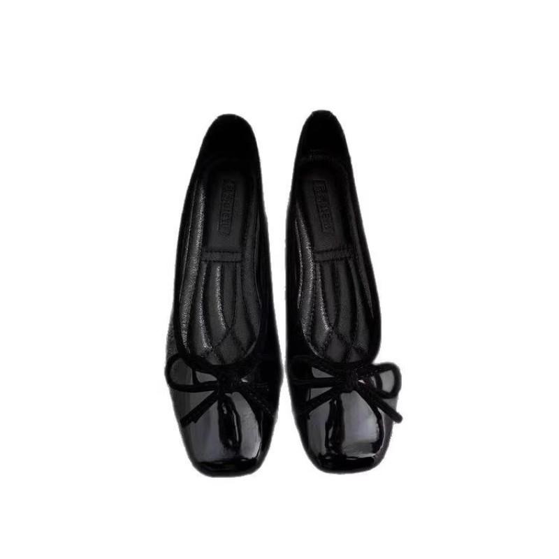 Shallow Single Shoes New Soft Bottom Flat Bottom Square Head Bow Red Women's Shoes Evening