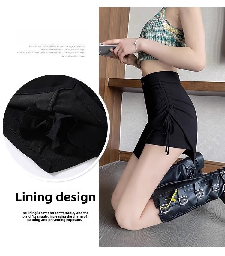 2024 Damen Schwarzer High Waist A-Linien Plissierter Kurzer Rock mit Kordelzug