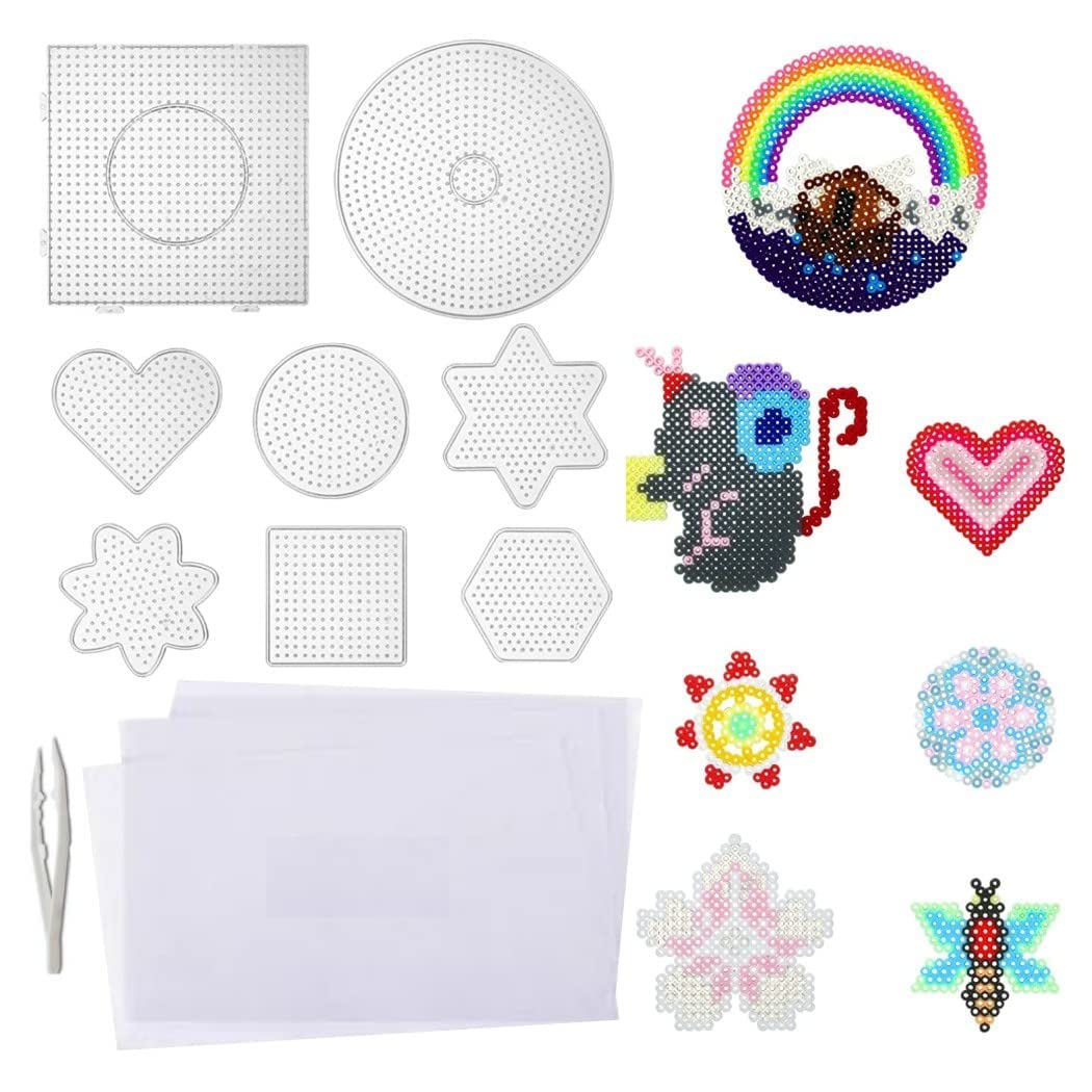 

HappyHome Ironing Beads Plate 5mm 8 Piece Set Round Square Heart Hexagon Six Pointed Star Ironing Sheet Tweezers Included DIY Handicraft Craft