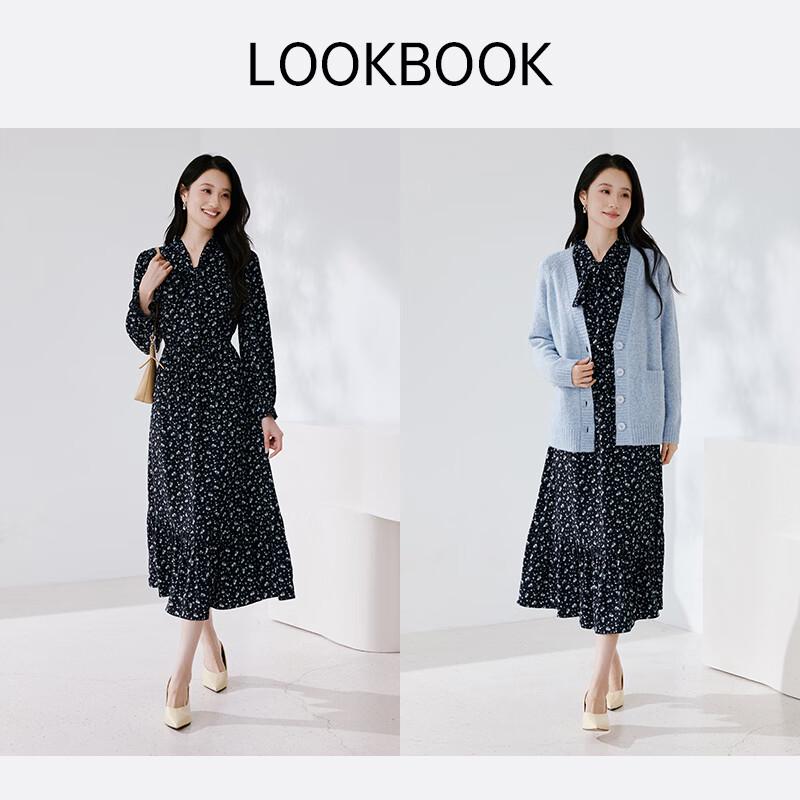 Xiangying French Style Blue Floral Long-Sleeve Dress