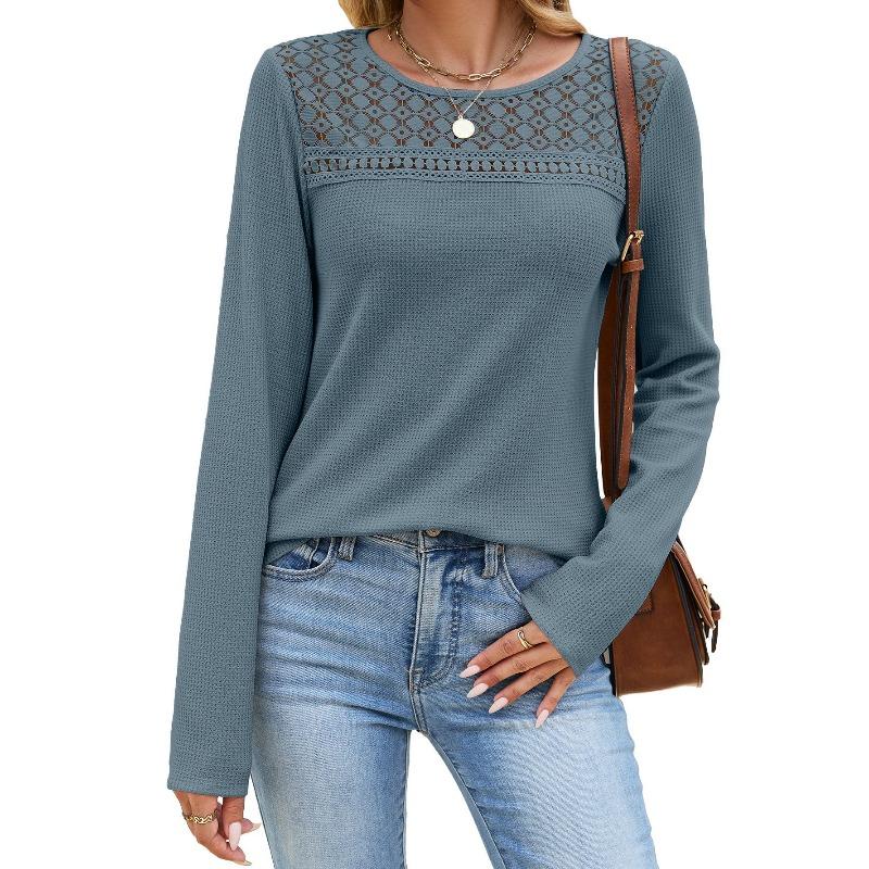 Neues Herbst-Winter-T-Shirt für Damen, einfarbig, Rundhalsausschnitt, mit Spitze bestickt, locker, langärmelig