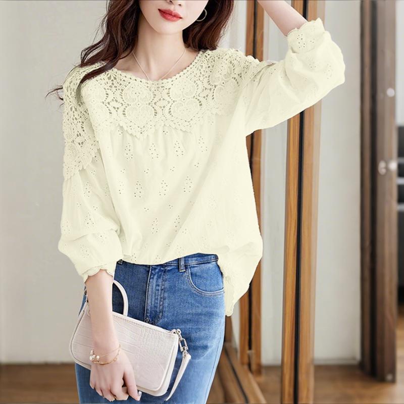 ZANZEA Women Casual Lace Crochet Patchwork Long Sleeve Blouse