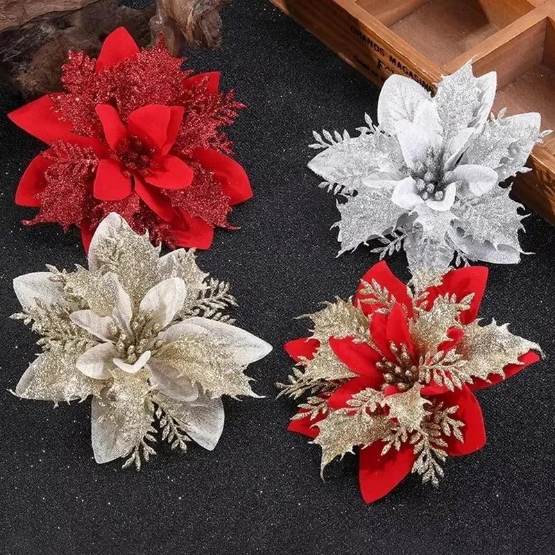 Christmas Glitter Artificial Flowers Floral Silk Fake Flower with Clips for Xmas Tree Hanging Ornaments New Year Gift Home Decor