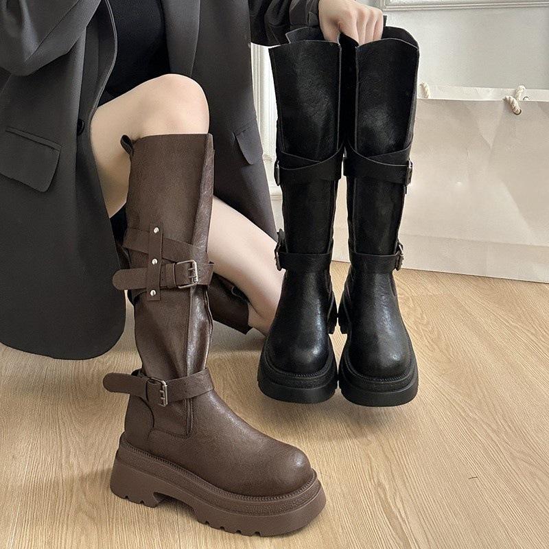 Thick-soled Brown Western Jeans Tube Boots Heightening Boots High Boots Season Knight Boots