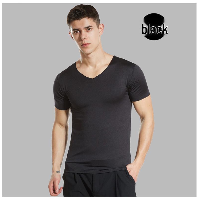 Bezešvé tričko s krátkým rukávem a výstřihem do V z ledového hedvábí, Slim Fit, Prodyšné, Jednobarevné